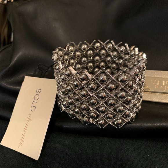 Bold Elements Silver Beaded Cuff Bracelet - Picture 1 of 5
